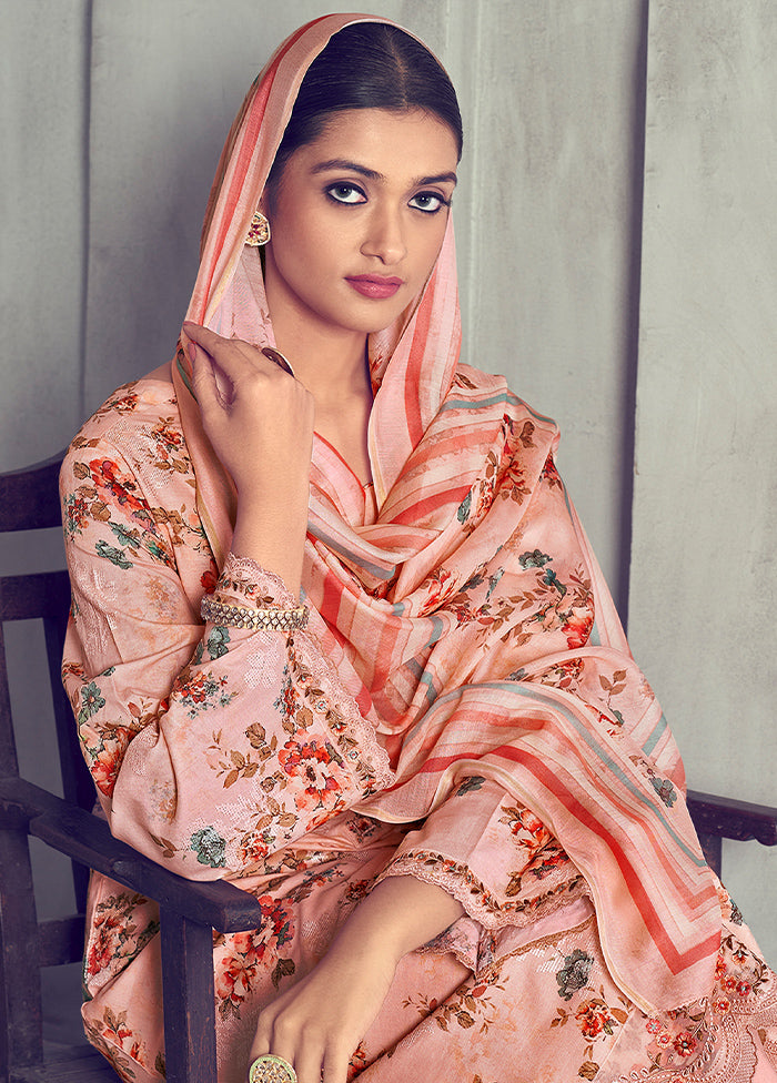 3 Pc Pink Unstitched Pure Cotton Suit Set - Indian Silk House Agencies