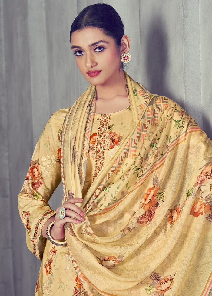 3 Pc Yellow Unstitched Pure Cotton Suit Set - Indian Silk House Agencies