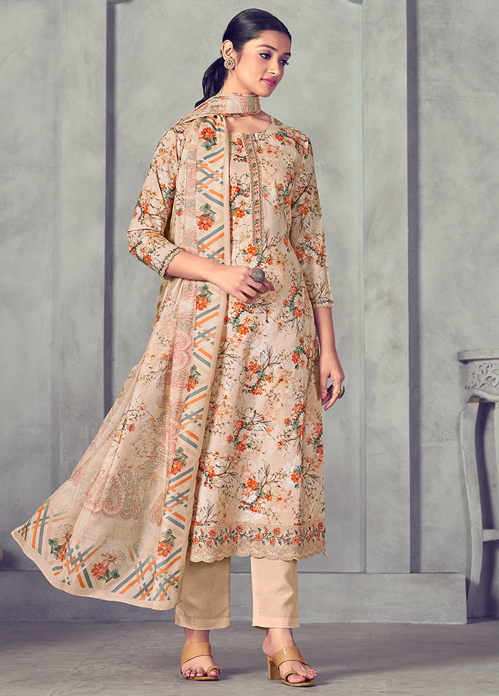 3 Pc Peach Unstitched Pure Cotton Suit Set - Indian Silk House Agencies