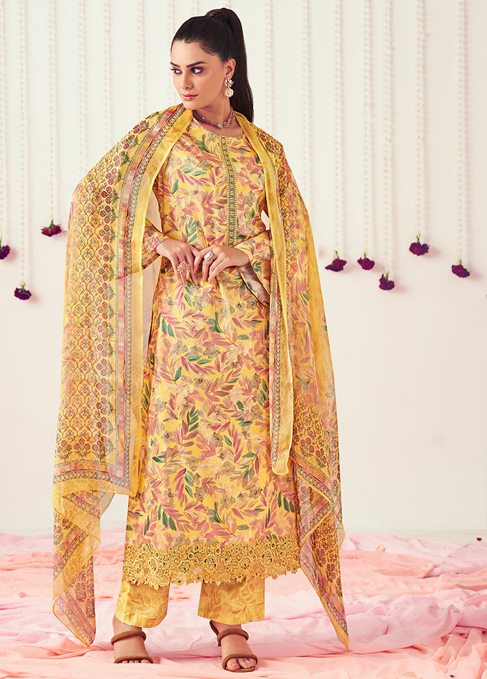 3 Pc Yellow Unstitched Pure Cotton Suit Set - Indian Silk House Agencies