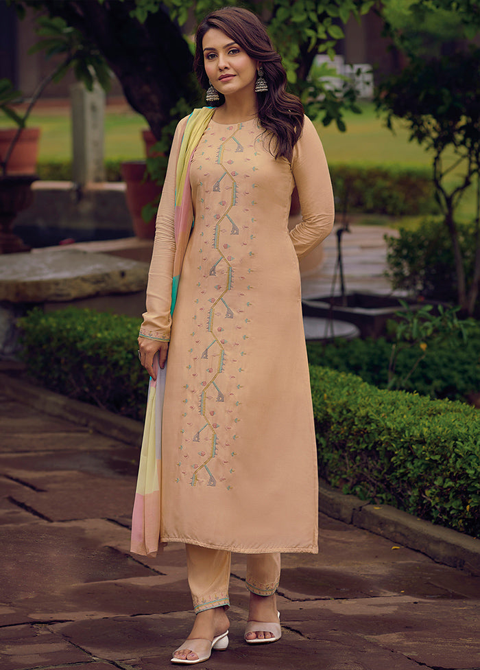 3 Pc Peach Unstitched Rayon Suit Set - Indian Silk House Agencies