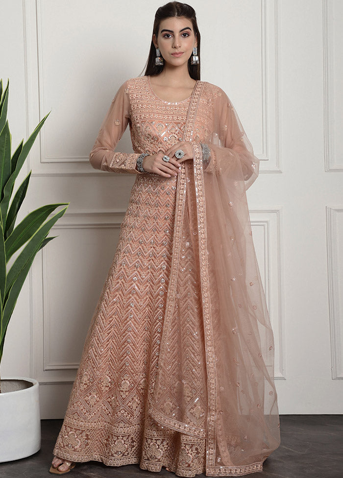 Peach Semi Stitched Net Indian Dress Peach Semi Stitched Net Indian Dress