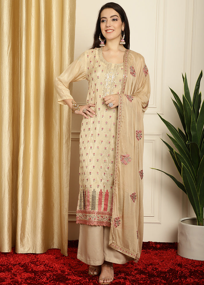3 Pc Cream Unstitched Pure Santoon Suit Set - Indian Silk House Agencies