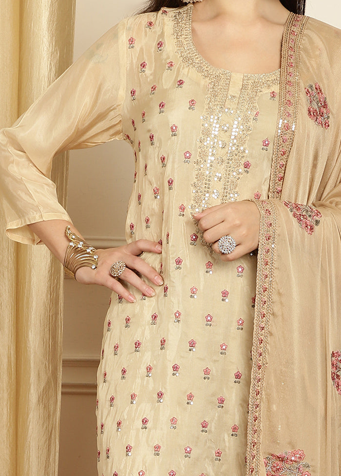 3 Pc Cream Unstitched Pure Santoon Suit Set - Indian Silk House Agencies