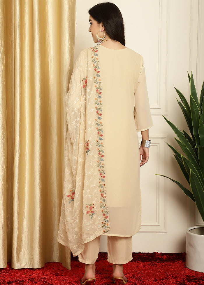 3 Pc Cream Unstitched Pure Santoon Suit Set - Indian Silk House Agencies