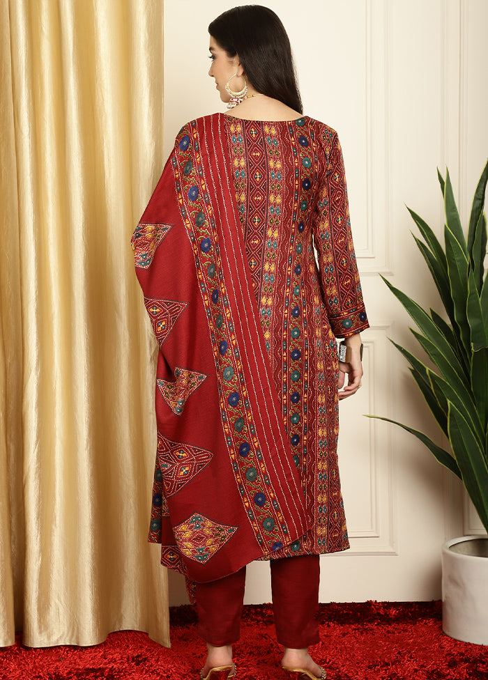 3 Pc Maroon Unstitched Pashmina Suit Set - Indian Silk House Agencies