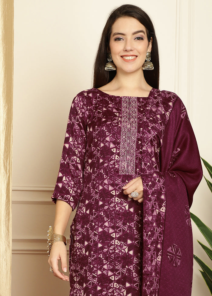 3 Pc Maroon Unstitched Pashmina Suit Set - Indian Silk House Agencies