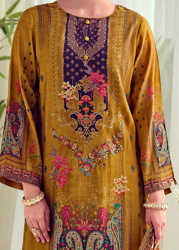3 Pc Yellow Unstitched Muslin Suit Set - Indian Silk House Agencies