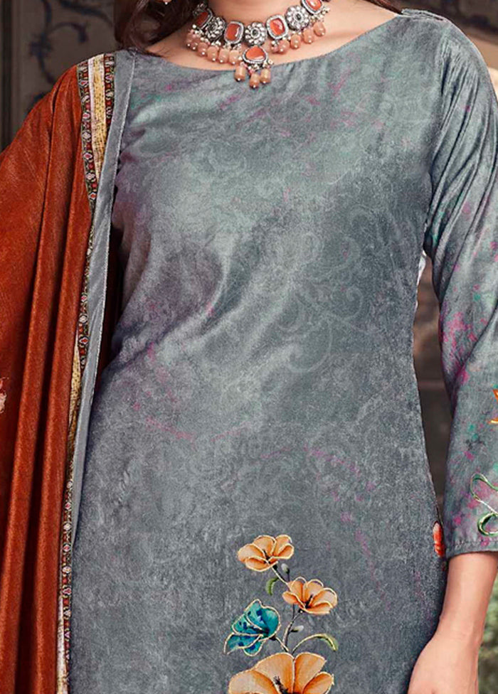 3 Pc Grey Unstitched Pashmina Suit Set - Indian Silk House Agencies