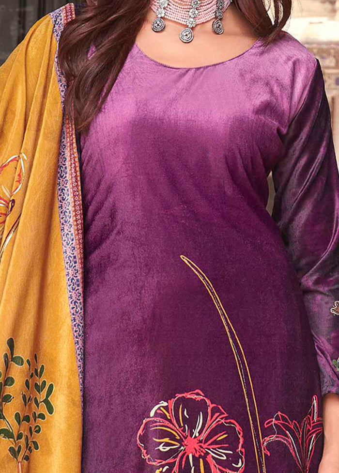 3 Pc Purple Unstitched Pashmina Suit Set - Indian Silk House Agencies