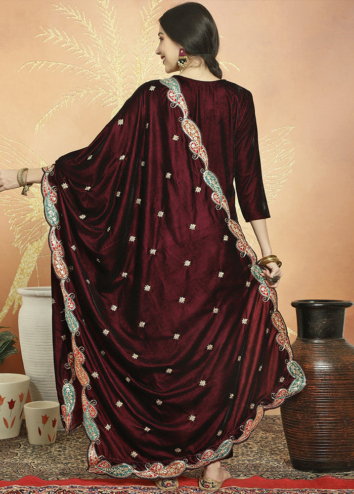 3 Pc Maroon Unstitched Velvet Suit Set - Indian Silk House Agencies