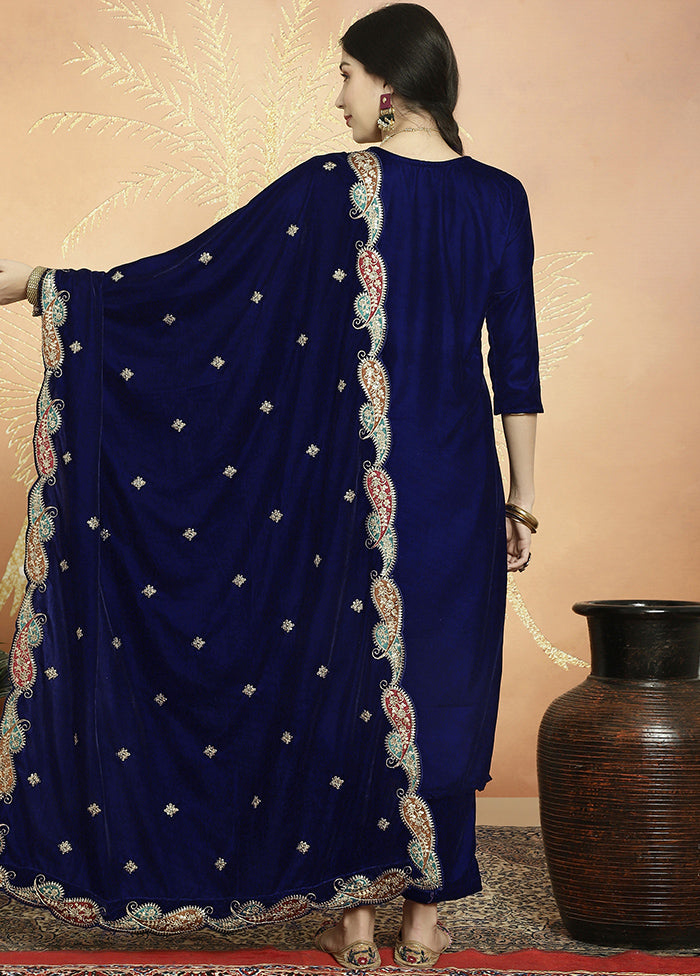 3 Pc Blue Unstitched Velvet Suit Set - Indian Silk House Agencies
