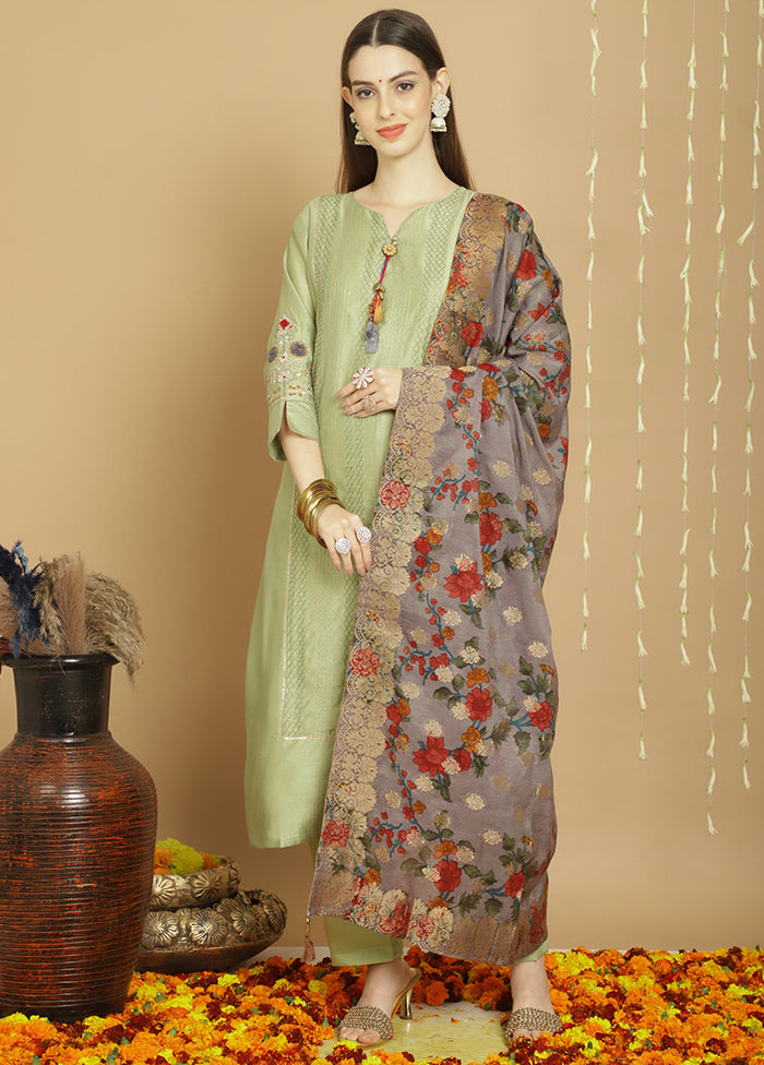 3 Pc Green Unstitched Silk Suit Set - Indian Silk House Agencies
