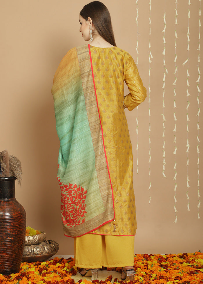 3 Pc Yellow Unstitched Silk Suit Set - Indian Silk House Agencies