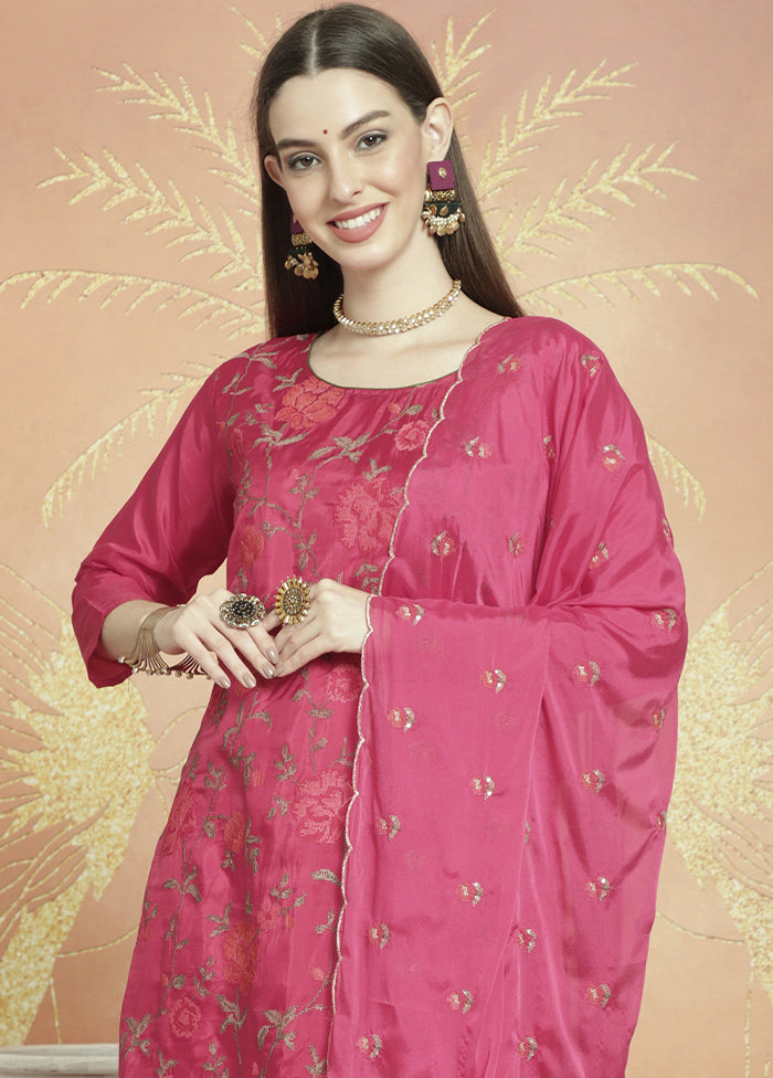 3 Pc Pink Unstitched Pure Santoon Suit Set - Indian Silk House Agencies