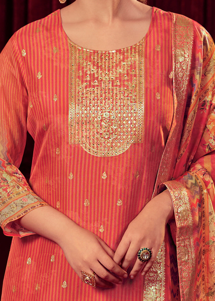 3 Pc Orange Unstitched Muslin Suit Set - Indian Silk House Agencies