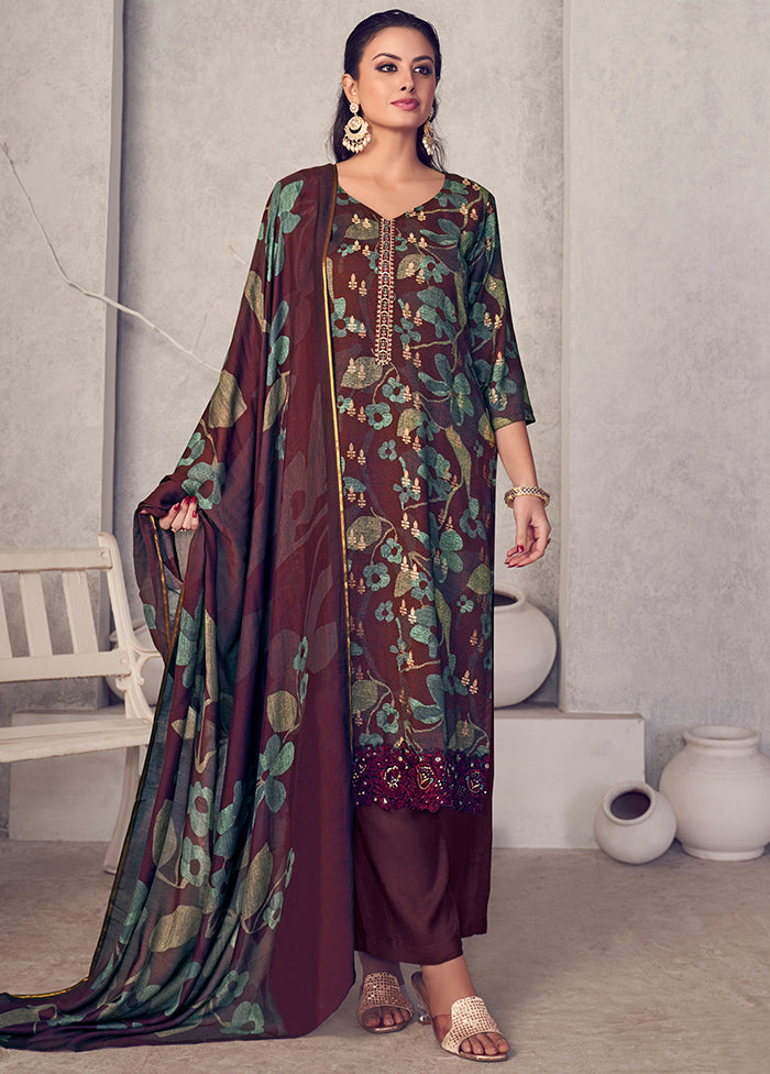 3 Pc Maroon Unstitched Pure Pashmina Suit Set - Indian Silk House Agencies