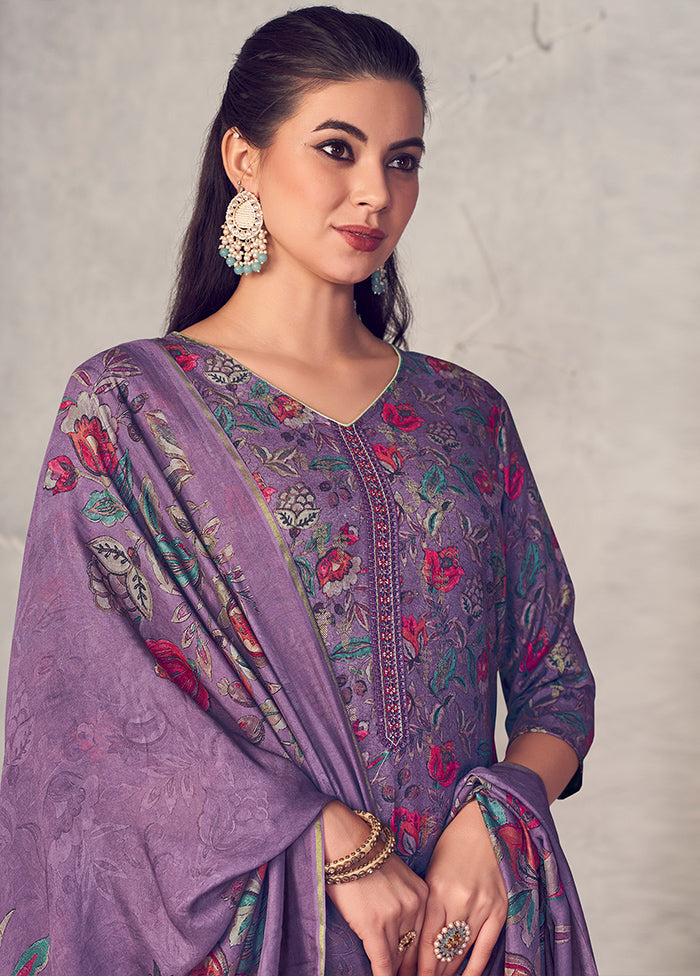 3 Pc Purple Unstitched Pure Pashmina Suit Set - Indian Silk House Agencies