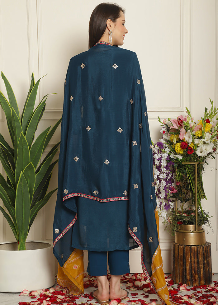 3 Pc Blue Unstitched Muslin Suit Set - Indian Silk House Agencies