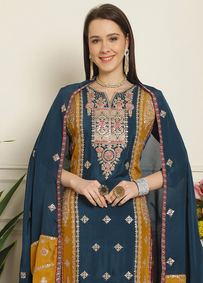 3 Pc Blue Unstitched Muslin Suit Set - Indian Silk House Agencies