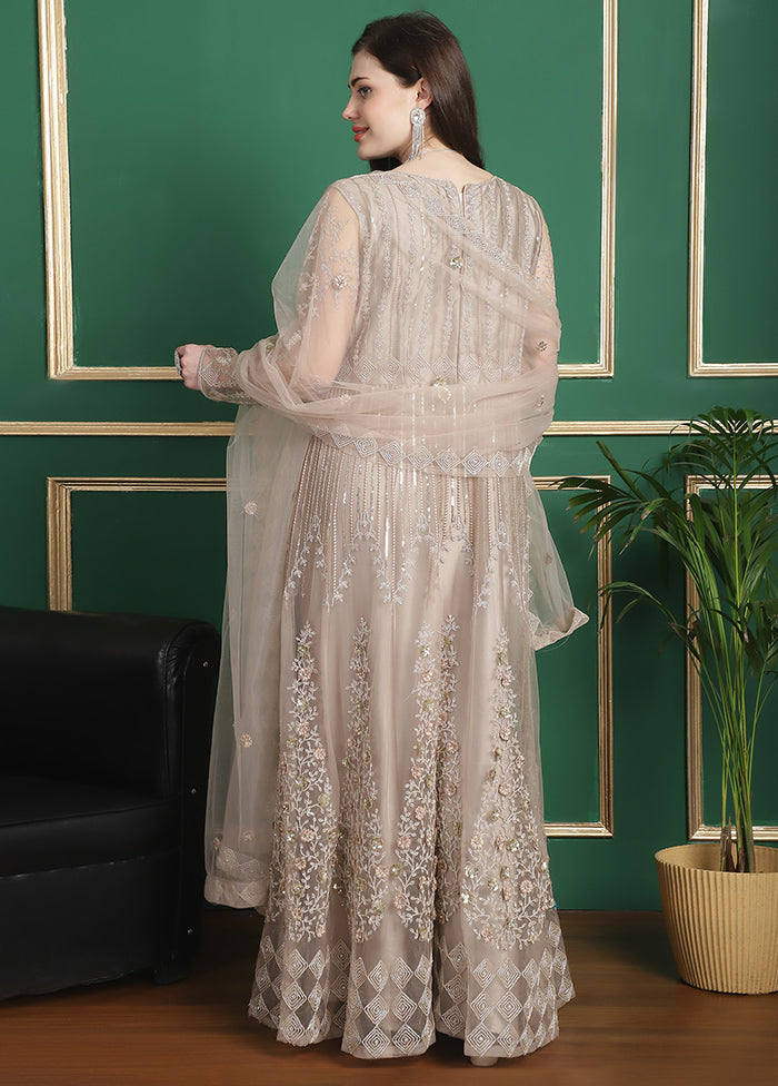 3 Pc Cream Semi Stitched Silk Suit Set - Indian Silk House Agencies