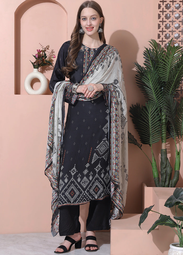 3 Pc Black Semi Stitched Silk Suit Set - Indian Silk House Agencies