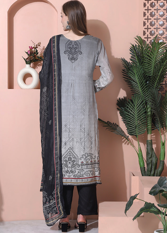 3 Pc Grey Semi Stitched Silk Suit Set - Indian Silk House Agencies