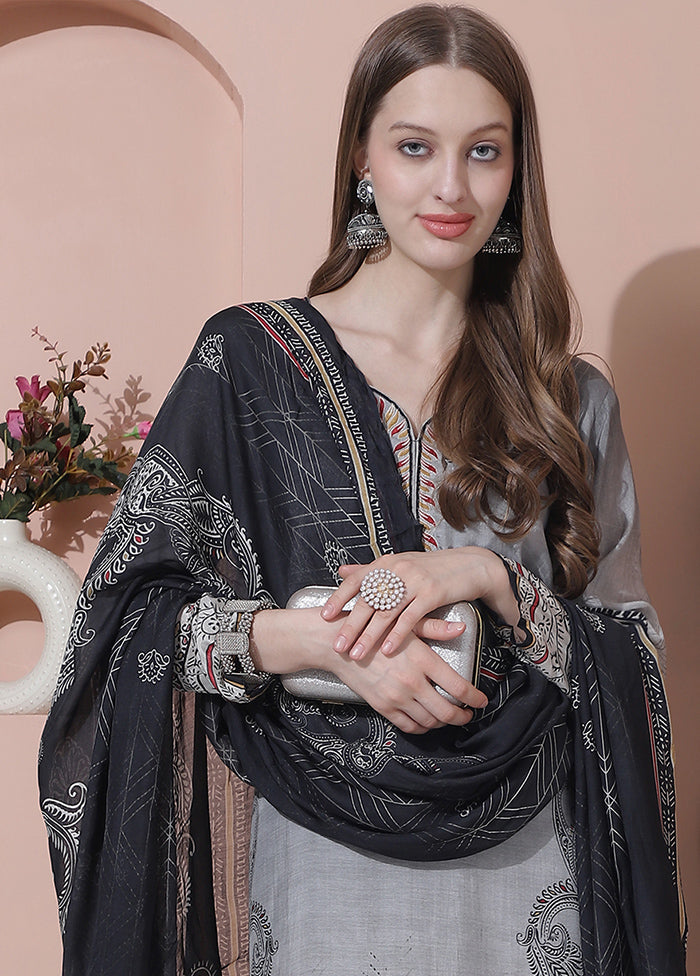 3 Pc Grey Semi Stitched Silk Suit Set - Indian Silk House Agencies