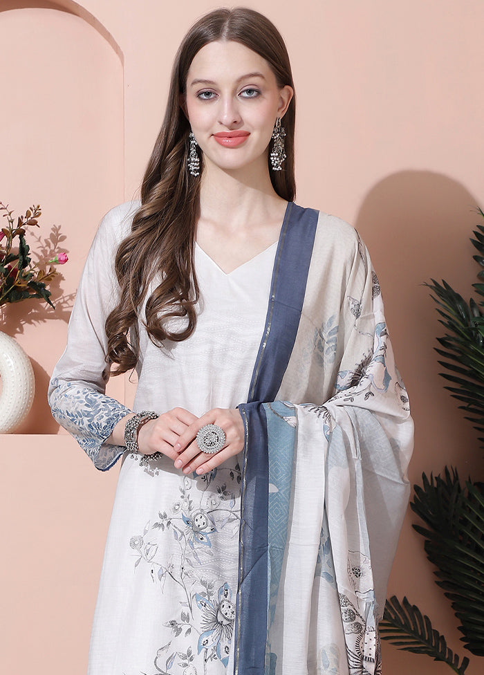 3 Pc Cream Unstitched Cotton Suit Set - Indian Silk House Agencies