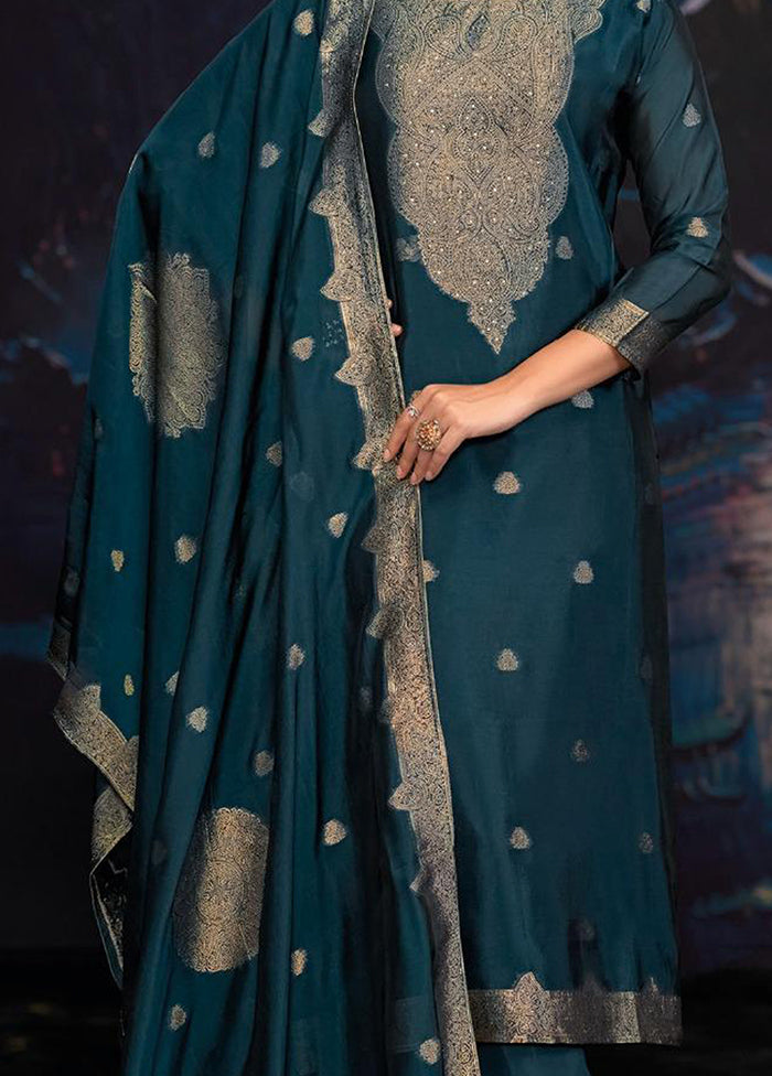 3 Pc Teal Pure Semi Stitched Silk Dupatta Suit Set