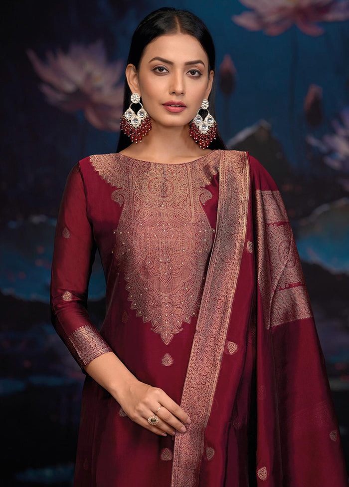 3 Pc Maroon Pure Semi Stitched Silk Dupatta Suit Set