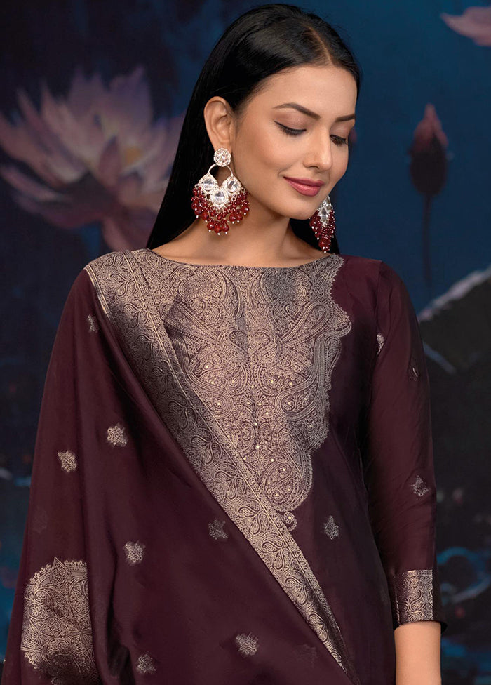 3 Pc Wine Pure Semi Stitched Silk Dupatta Suit Set