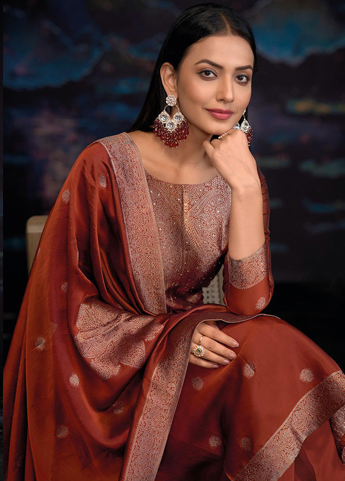 3 Pc Rust Pure Semi Stitched Silk Dupatta Suit Set