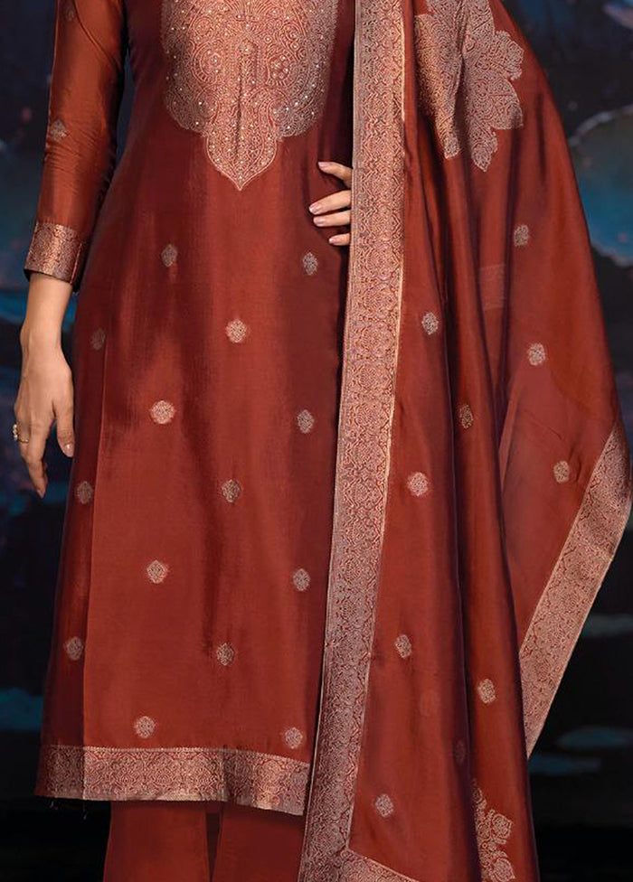 3 Pc Rust Pure Semi Stitched Silk Dupatta Suit Set