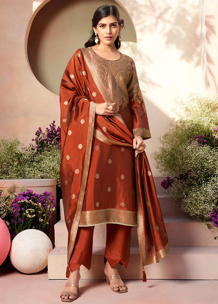 3 Pc Rust Pure Semi Stitched Silk Dupatta Suit Set