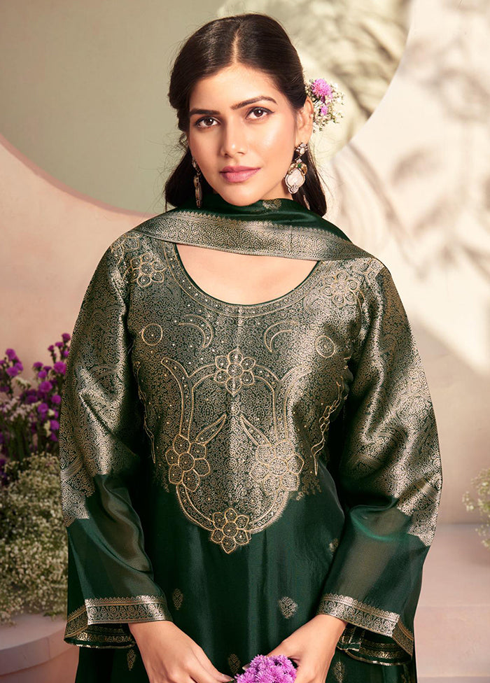 3 Pc Green Pure Semi Stitched Silk Dupatta Suit Set