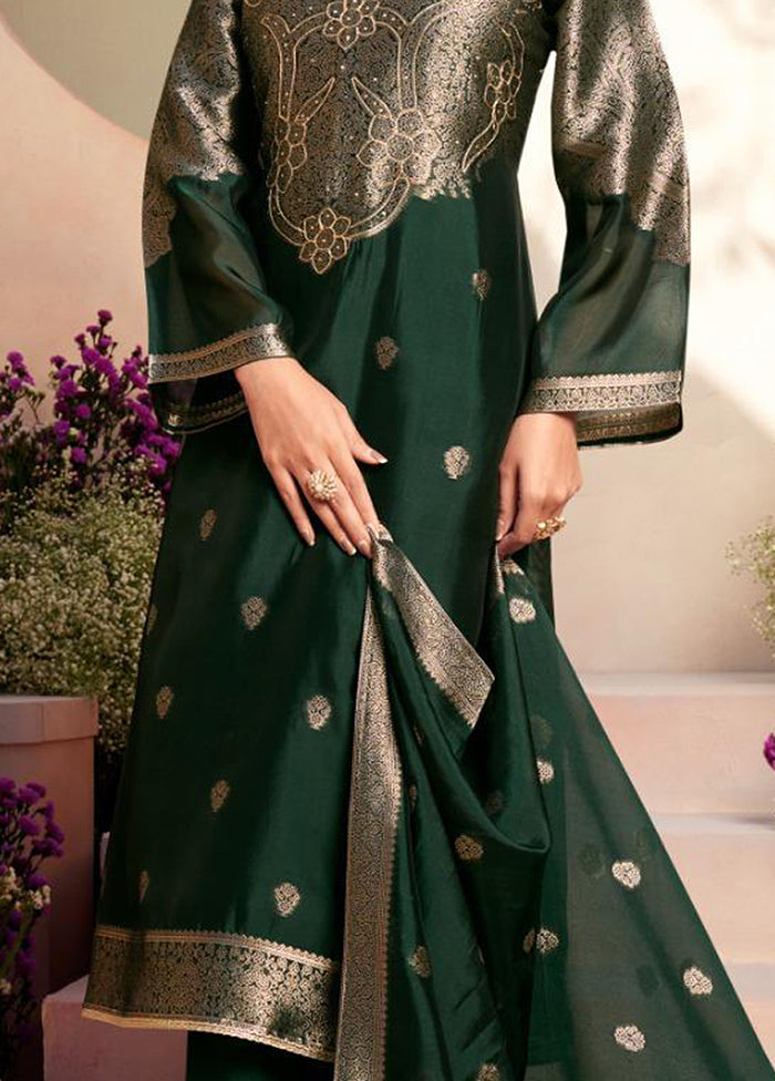 3 Pc Green Pure Semi Stitched Silk Dupatta Suit Set