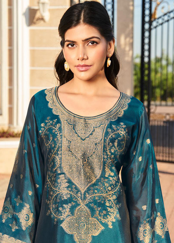3 Pc Teal Pure Semi Stitched Silk Dupatta Suit Set