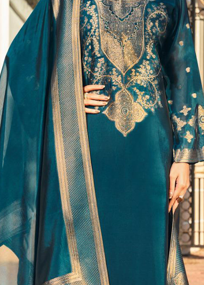 3 Pc Teal Pure Semi Stitched Silk Dupatta Suit Set