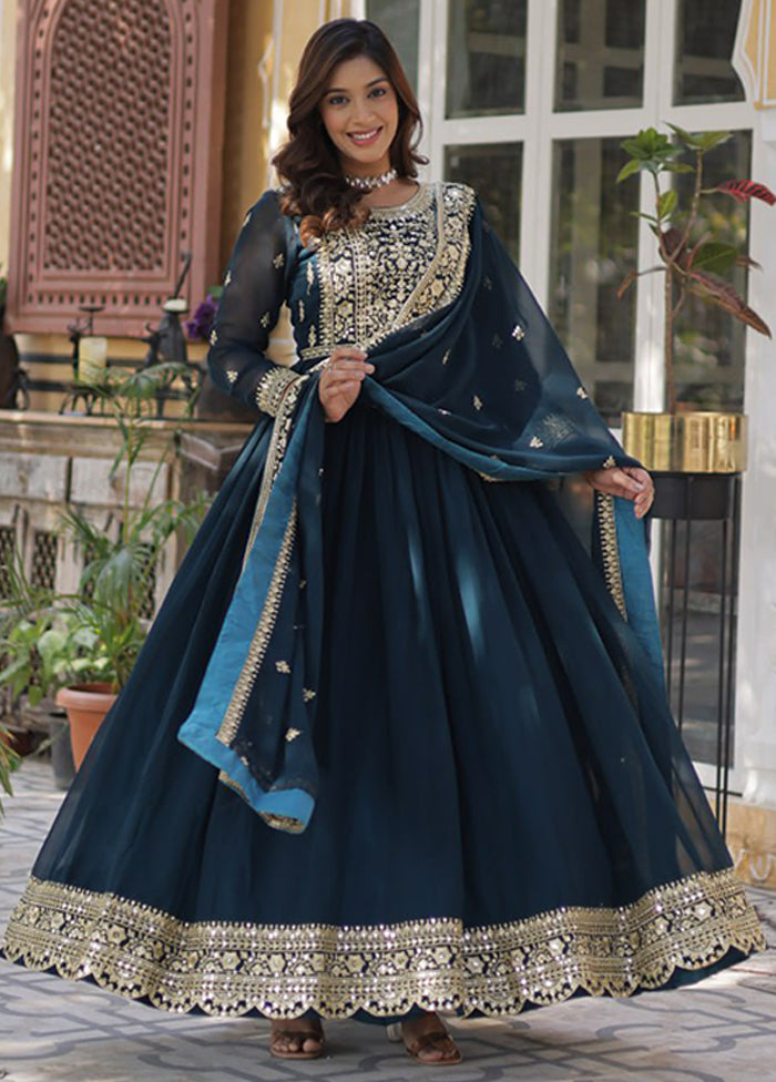 Green Woven Work Silk Gown With Dupatta Green Woven Work Silk Gown With Dupatta