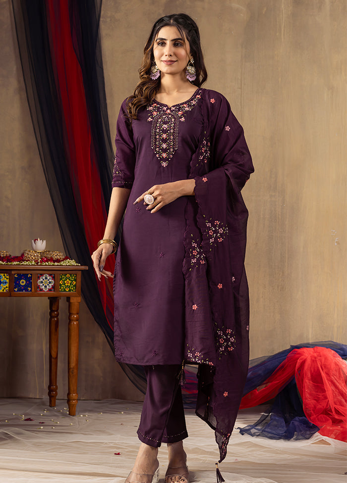 3 Pc Wine Silk Suit Set
