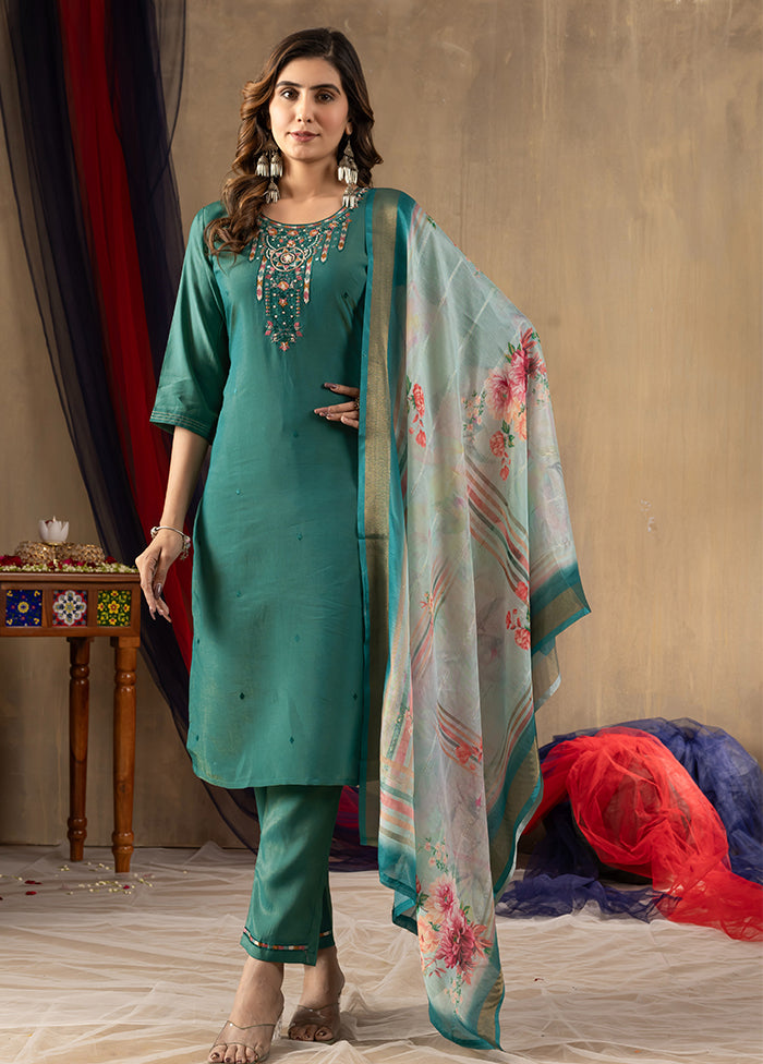 3 Pc Green Silk Suit Set