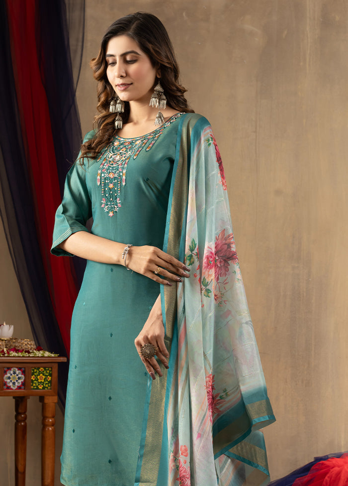 3 Pc Green Silk Suit Set