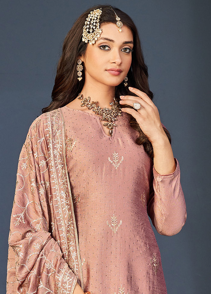 3 Pc Peach Semi Stitched Silk Suit Set VDSOT16062044 - Indian Silk House Agencies