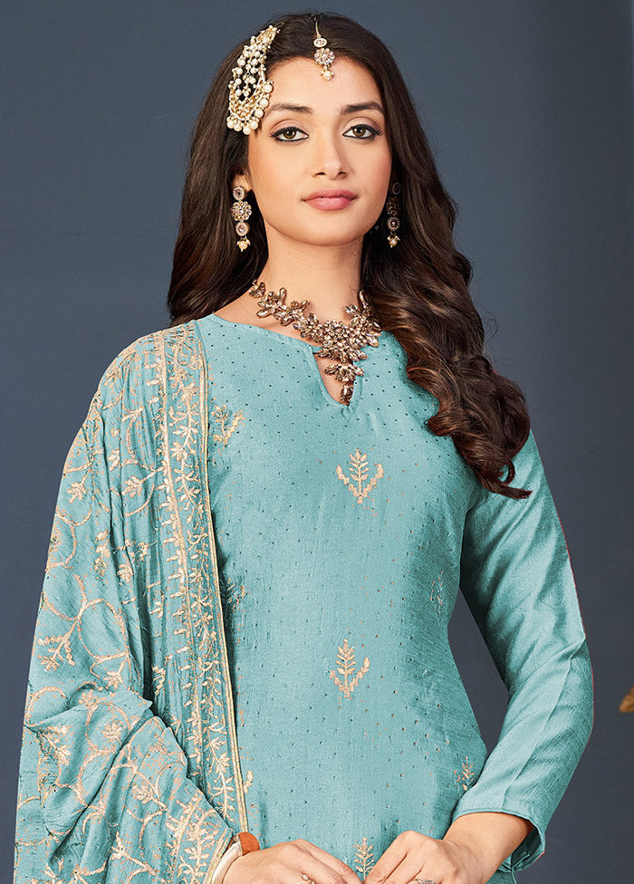 3 Pc Sky Blue Semi Stitched Silk Suit Set VDSOT16062045 - Indian Silk House Agencies