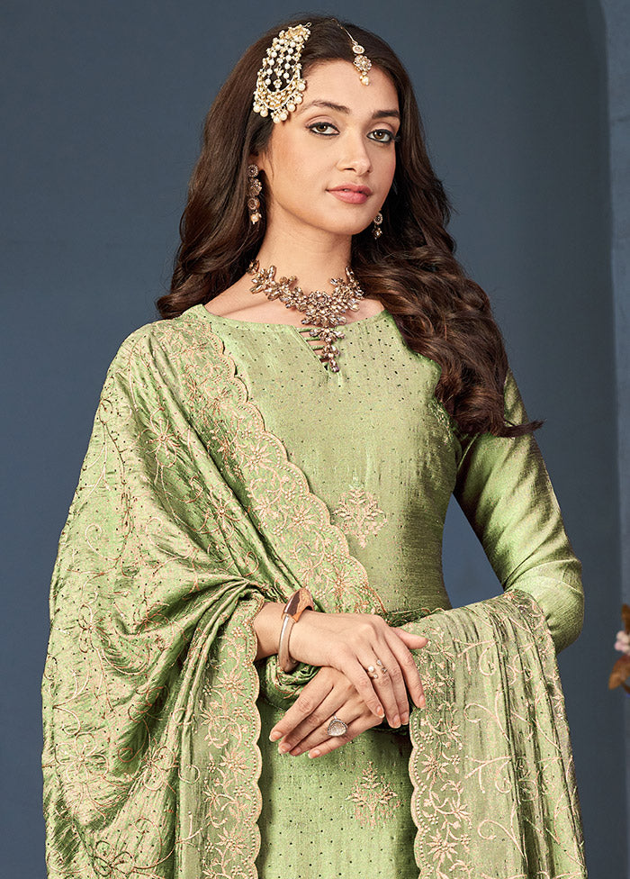 3 Pc Green Semi Stitched Silk Suit Set VDSOT16062046 - Indian Silk House Agencies