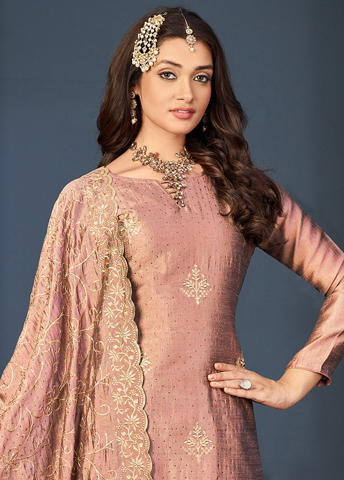 3 Pc Peach Semi Stitched Silk Suit Set VDSOT16062048 - Indian Silk House Agencies