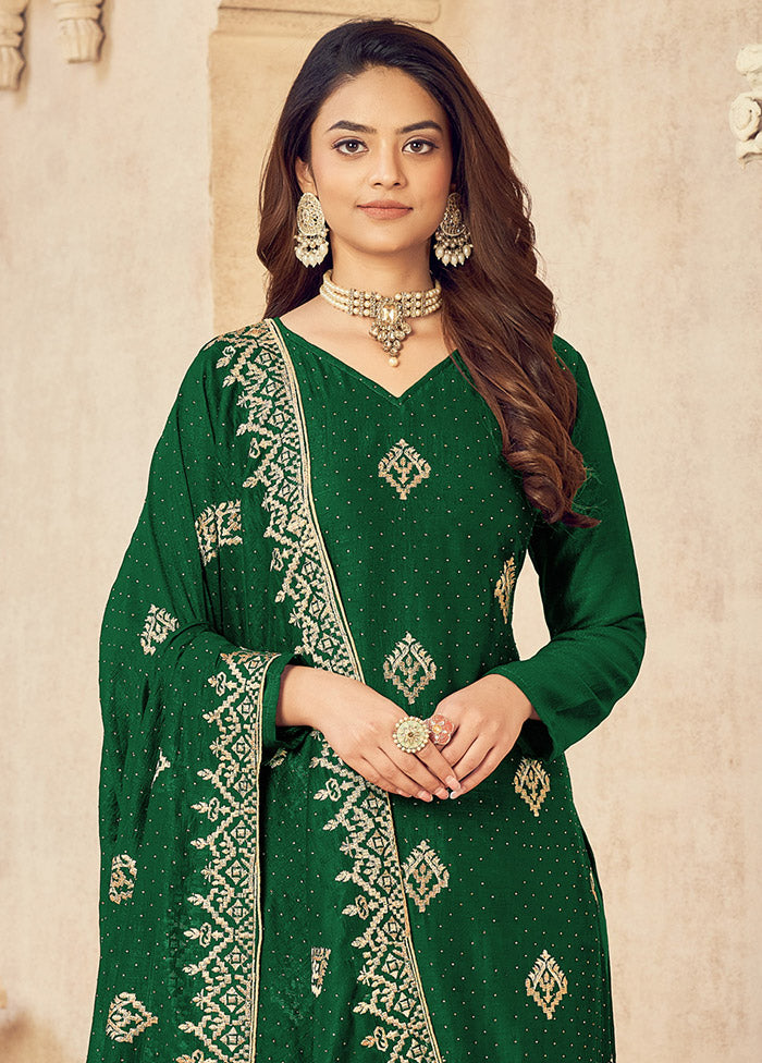 3 Pc Dark Green Semi Stitched Silk Suit Set VDSOT16062050 - Indian Silk House Agencies