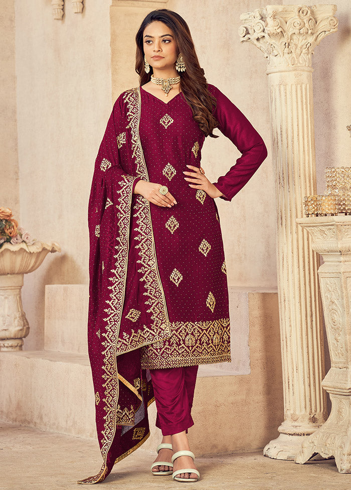 3 Pc Dark Pink Semi Stitched Silk Suit Set VDSOT16062051 - Indian Silk House Agencies