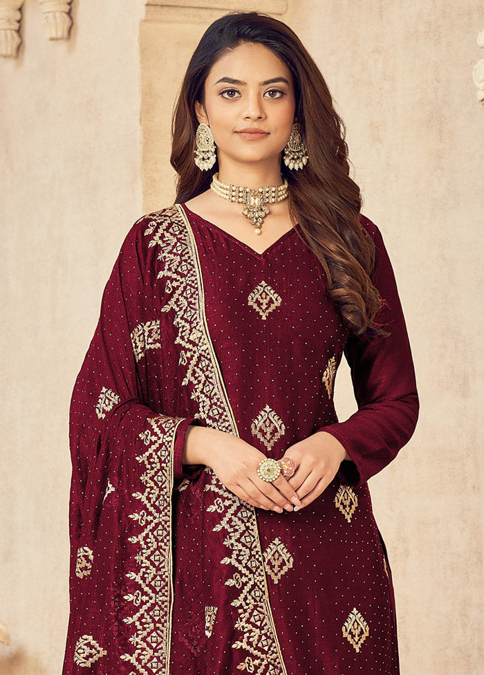 3 Pc Maroon Semi Stitched Silk Suit Set VDSOT16062052 - Indian Silk House Agencies